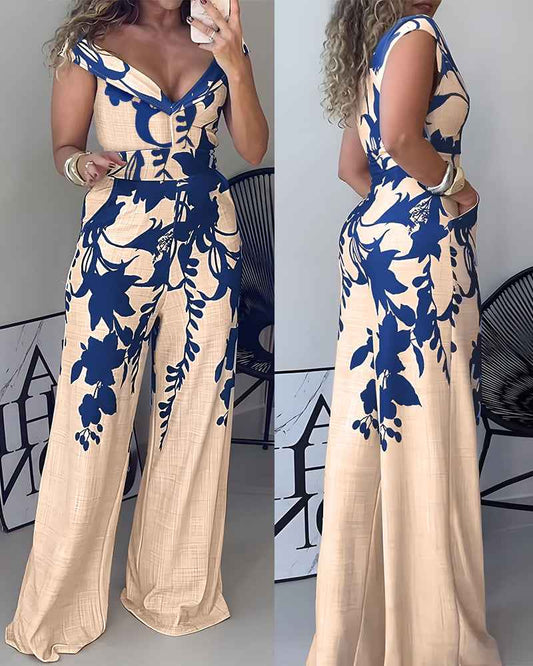 Elegant Floral Wide-Leg Jumpsuit with Pockets and Adjustable Straps - Jamota