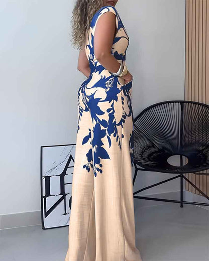 Elegant Floral Wide-Leg Jumpsuit with Pockets and Adjustable Straps - Jamota