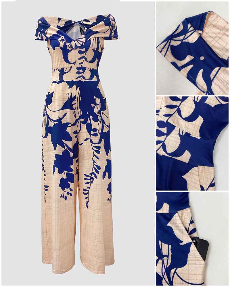 Elegant Floral Wide-Leg Jumpsuit with Pockets and Adjustable Straps - Jamota