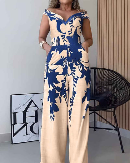 Elegant Floral Wide-Leg Jumpsuit with Pockets and Adjustable Straps - Jamota