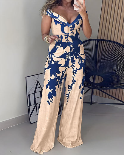 Elegant Floral Wide-Leg Jumpsuit with Pockets and Adjustable Straps - Jamota
