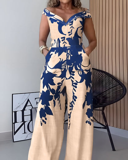 Elegant Floral Wide-Leg Jumpsuit with Pockets and Adjustable Straps - Jamota