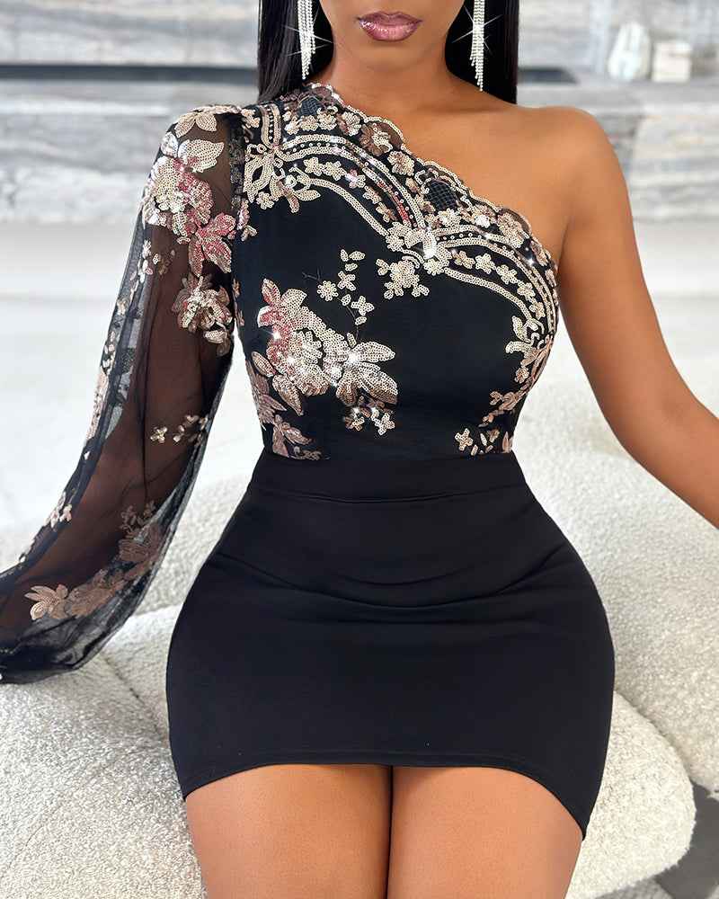 Floral Sequin Bodycon Dress with Sleeveless Design & Stretch Fit - Jamota