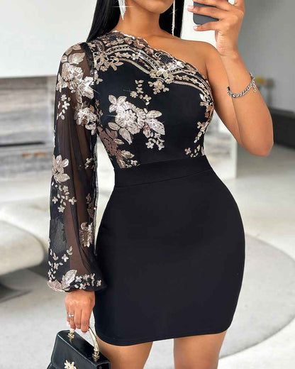 Floral Sequin Bodycon Dress with Sleeveless Design & Stretch Fit - Jamota