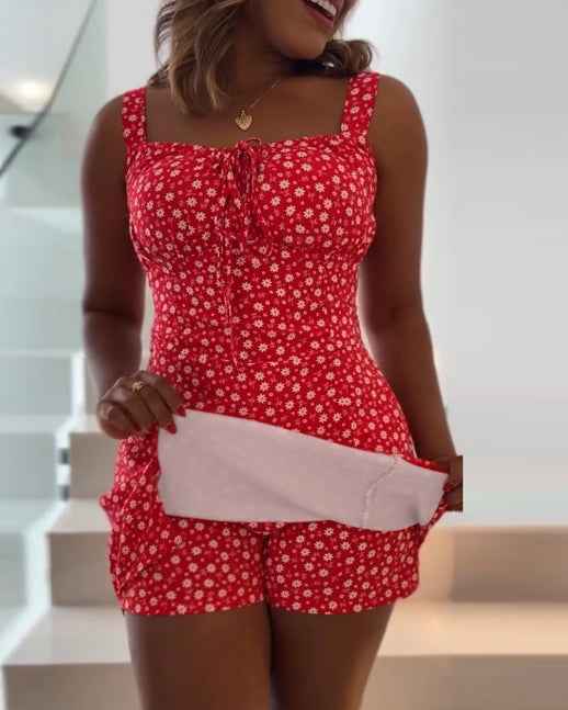 Stylish Floral Summer Romper with Adjustable Straps and Pockets - Jamota