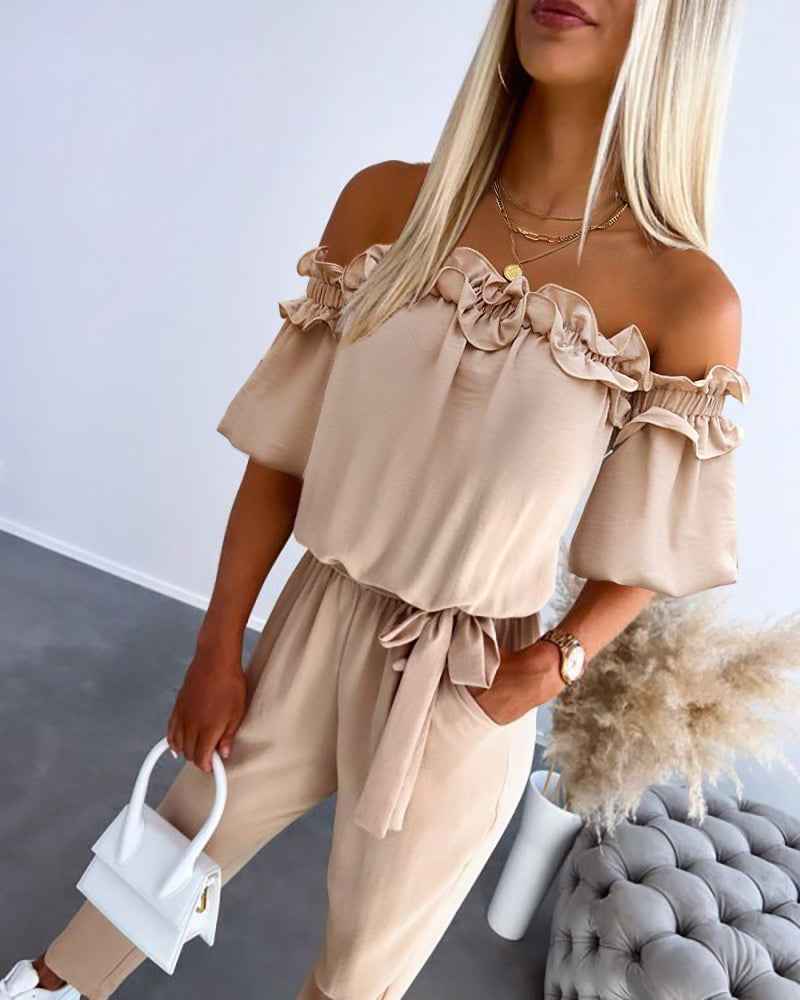 Stylish Lightweight Off-Shoulder Jumpsuit with Pockets & Adjustable St - Jamota