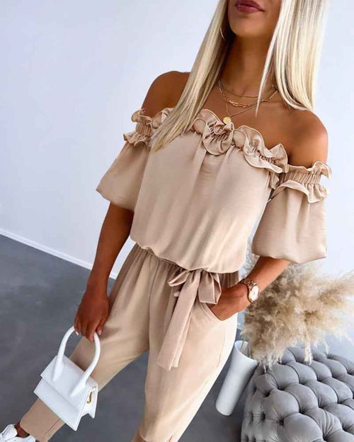 Stylish Lightweight Off-Shoulder Jumpsuit with Pockets & Adjustable St - Jamota