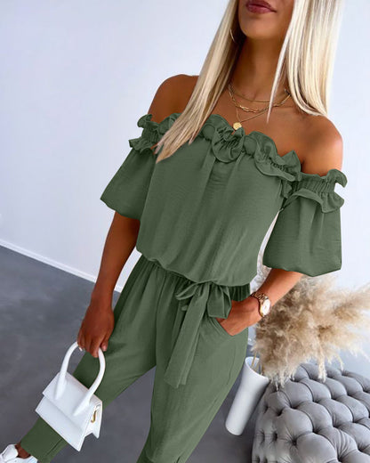 Stylish Lightweight Off-Shoulder Jumpsuit with Pockets & Adjustable St - Jamota
