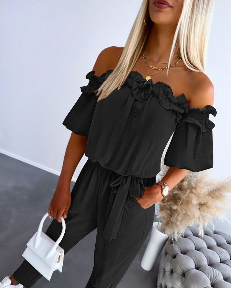 Stylish Lightweight Off-Shoulder Jumpsuit with Pockets & Adjustable St - Jamota