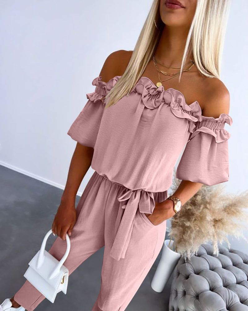 Stylish Lightweight Off-Shoulder Jumpsuit with Pockets & Adjustable St - Jamota