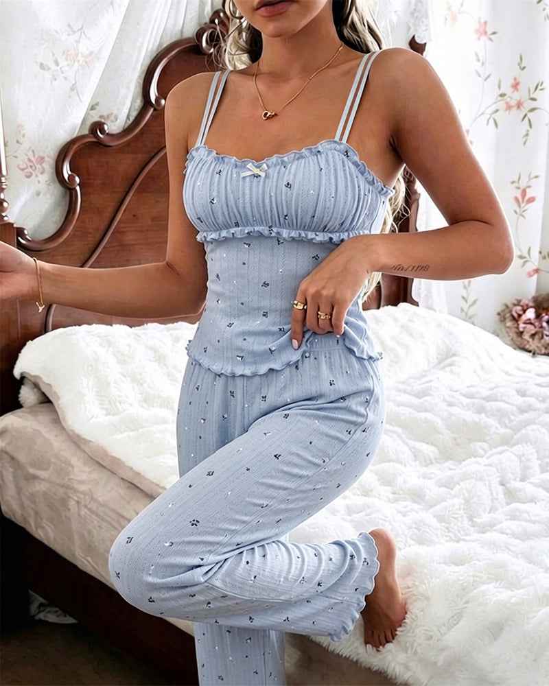 Floral Print Pajama Set | Soft Knit Cami & Straight Leg Pants - Jamota