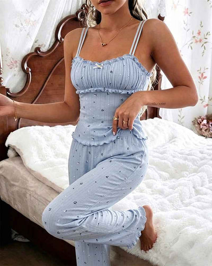 Floral Print Pajama Set | Soft Knit Cami & Straight Leg Pants - Jamota