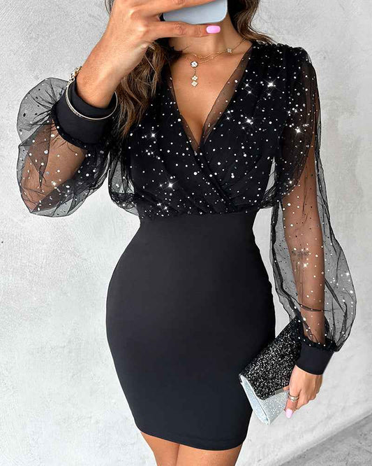Chic Glitter Mini Cocktail Dress with Adjustable Straps and Lined Skir - Jamota