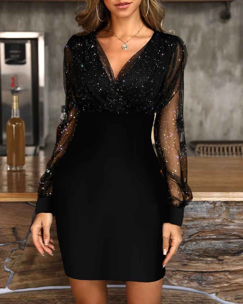 Chic Glitter Mini Cocktail Dress with Adjustable Straps and Lined Skir - Jamota