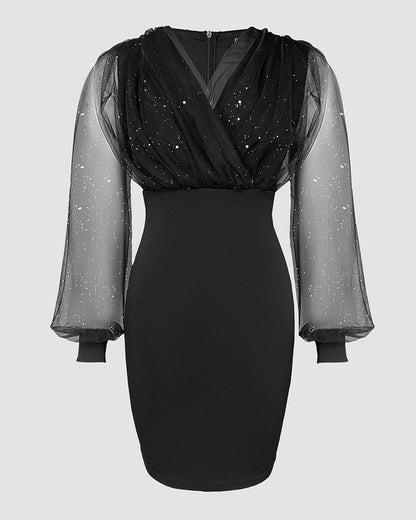 Chic Glitter Mini Cocktail Dress with Adjustable Straps and Lined Skir - Jamota