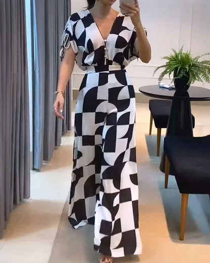 Stylish Geometric Casual Jumpsuit with Pockets and Adjustable Straps - Jamota