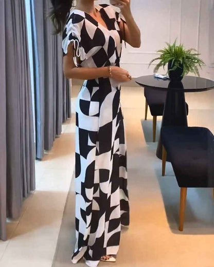 Stylish Geometric Casual Jumpsuit with Pockets and Adjustable Straps - Jamota