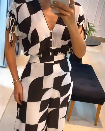 Stylish Geometric Casual Jumpsuit with Pockets and Adjustable Straps - Jamota