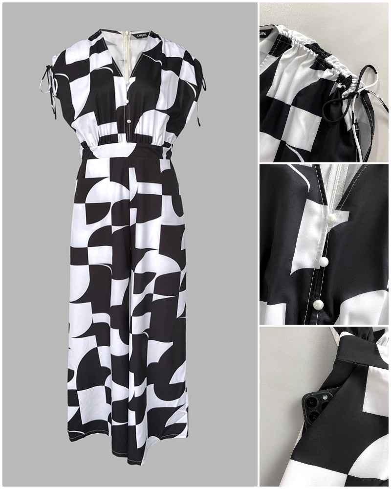 Stylish Geometric Casual Jumpsuit with Pockets and Adjustable Straps - Jamota