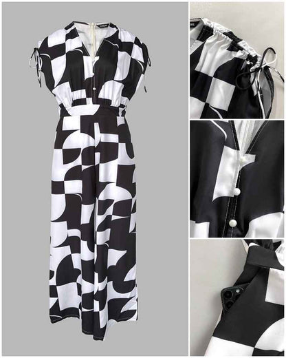 Stylish Geometric Casual Jumpsuit with Pockets and Adjustable Straps - Jamota
