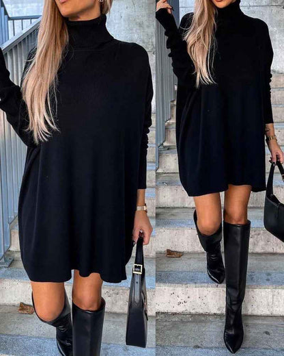 Cozy Black Turtleneck Sweater Dress with Long Sleeves and Ribbed Detai - Jamota