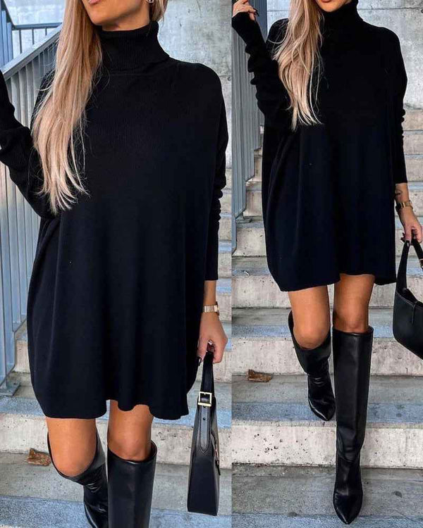 Cozy Black Turtleneck Sweater Dress with Long Sleeves and Ribbed Detai - Jamota