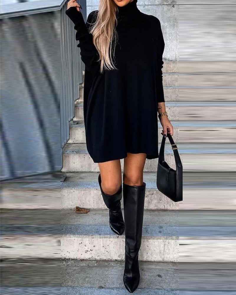 Cozy Black Turtleneck Sweater Dress with Long Sleeves and Ribbed Detai - Jamota