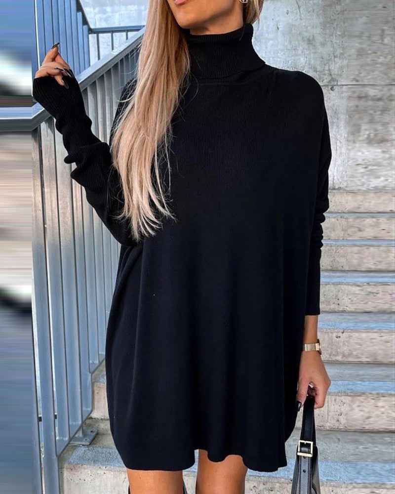 Cozy Black Turtleneck Sweater Dress with Long Sleeves and Ribbed Detai - Jamota