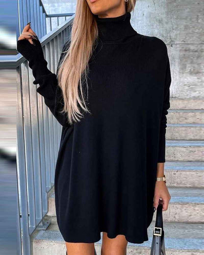 Cozy Black Turtleneck Sweater Dress with Long Sleeves and Ribbed Detai - Jamota