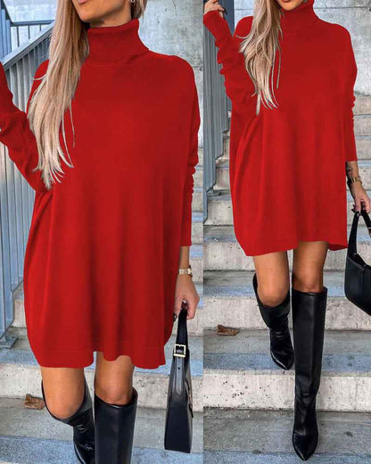 Cozy Black Turtleneck Sweater Dress with Long Sleeves and Ribbed Detai - Jamota