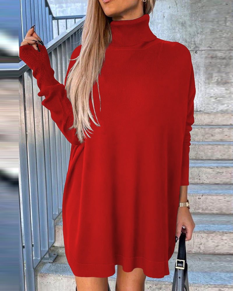Cozy Black Turtleneck Sweater Dress with Long Sleeves and Ribbed Detai - Jamota