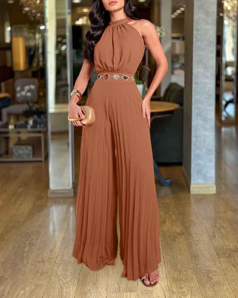 Elegant Pleated Wide-Leg Jumpsuit with Adjustable Straps & Pockets