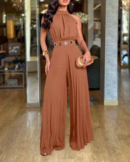 Elegant Pleated Wide-Leg Jumpsuit with Adjustable Straps & Pockets