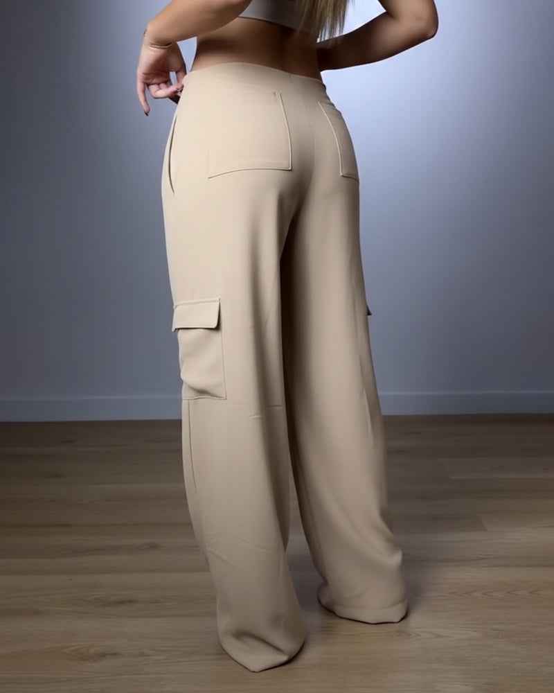 Stylish High-Waist Black Cargo Trousers with Pockets and Stretch Fabri - Jamota