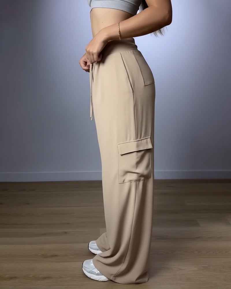 Stylish High-Waist Black Cargo Trousers with Pockets and Stretch Fabri - Jamota