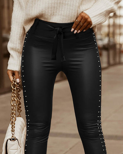 Slim Fit High Waist PU Leather Pants with Studded Tied Detail - Jamota