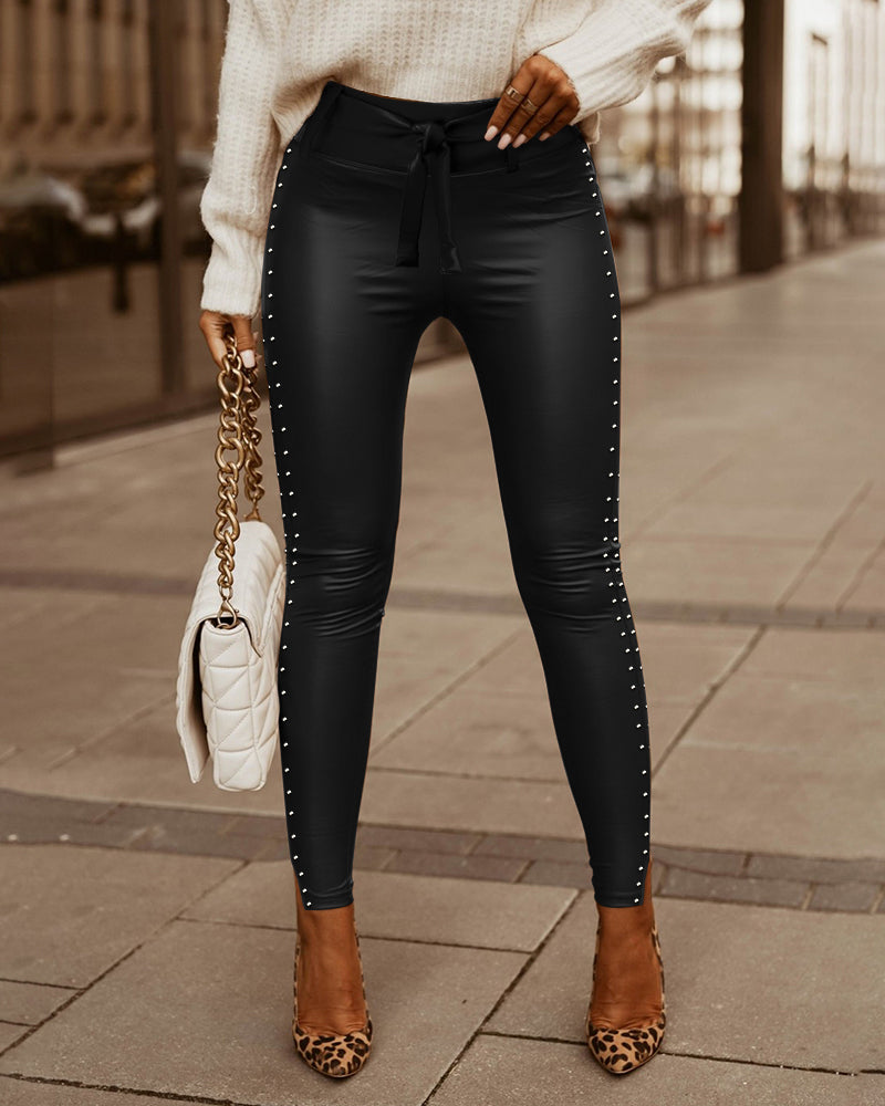 Slim Fit High Waist PU Leather Pants with Studded Tied Detail - Jamota