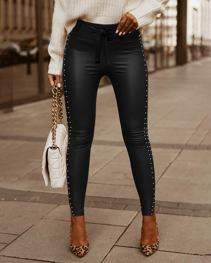 Slim Fit High Waist PU Leather Pants with Studded Tied Detail - Jamota