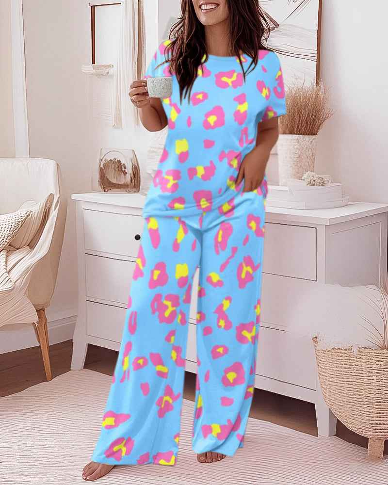 Leopard Print Pajama Set | Soft Fabric & Wide Leg for Ultimate Comfort - Jamota