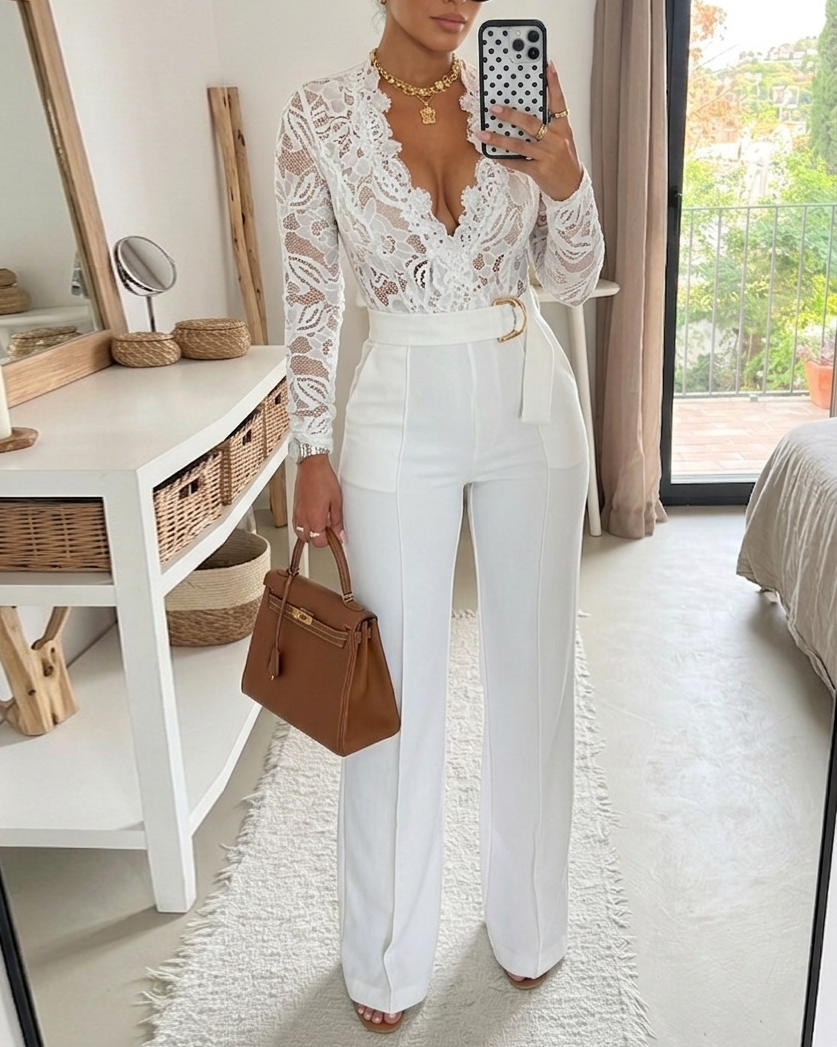Elegant Floral Lace Jumpsuit with Pockets and Adjustable Straps