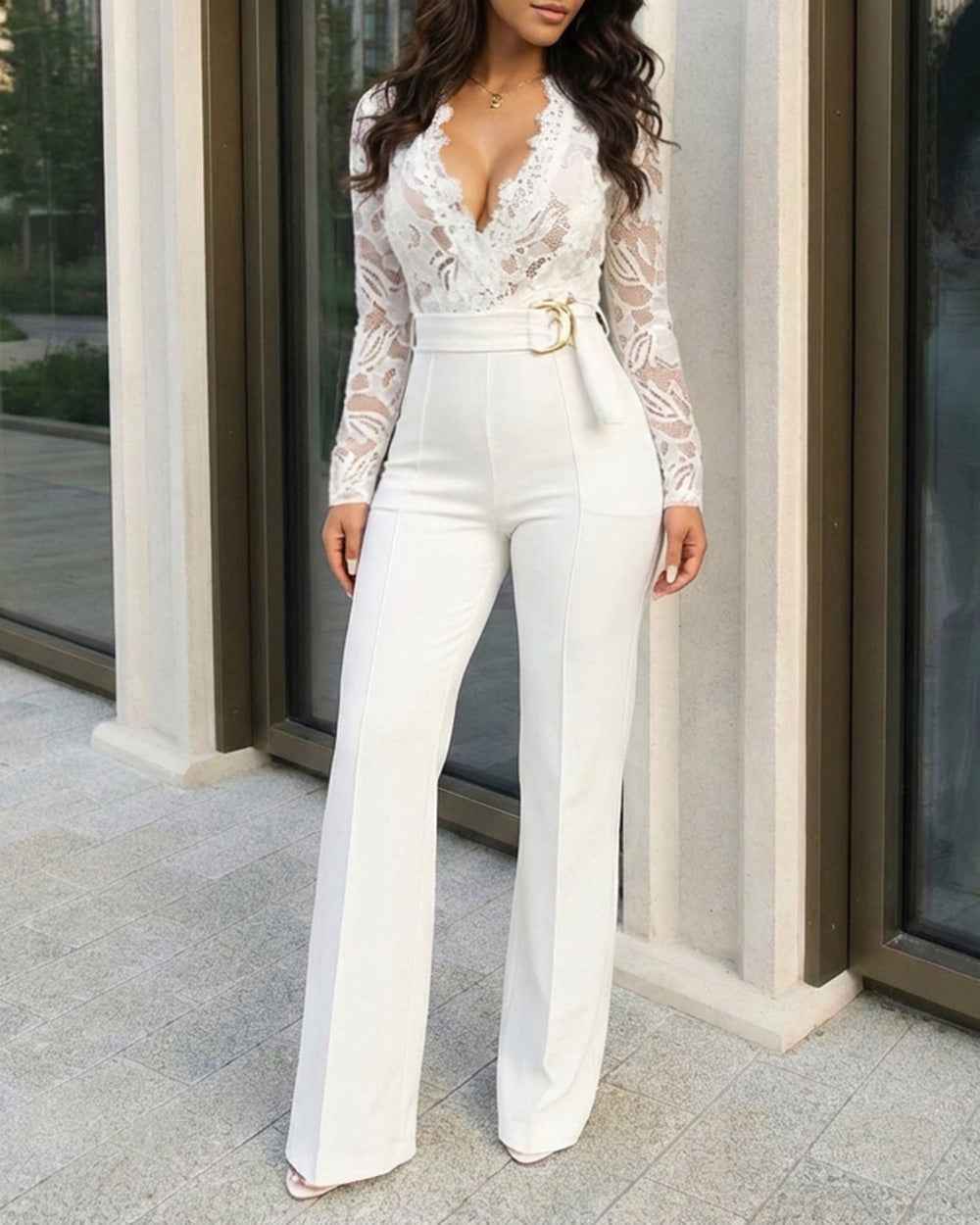 Elegant Floral Lace Jumpsuit with Pockets and Adjustable Straps