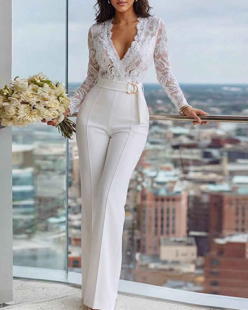 Elegant Floral Lace Jumpsuit with Pockets and Adjustable Straps