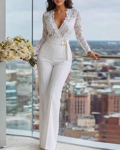 Elegant Floral Lace Jumpsuit with Pockets and Adjustable Straps
