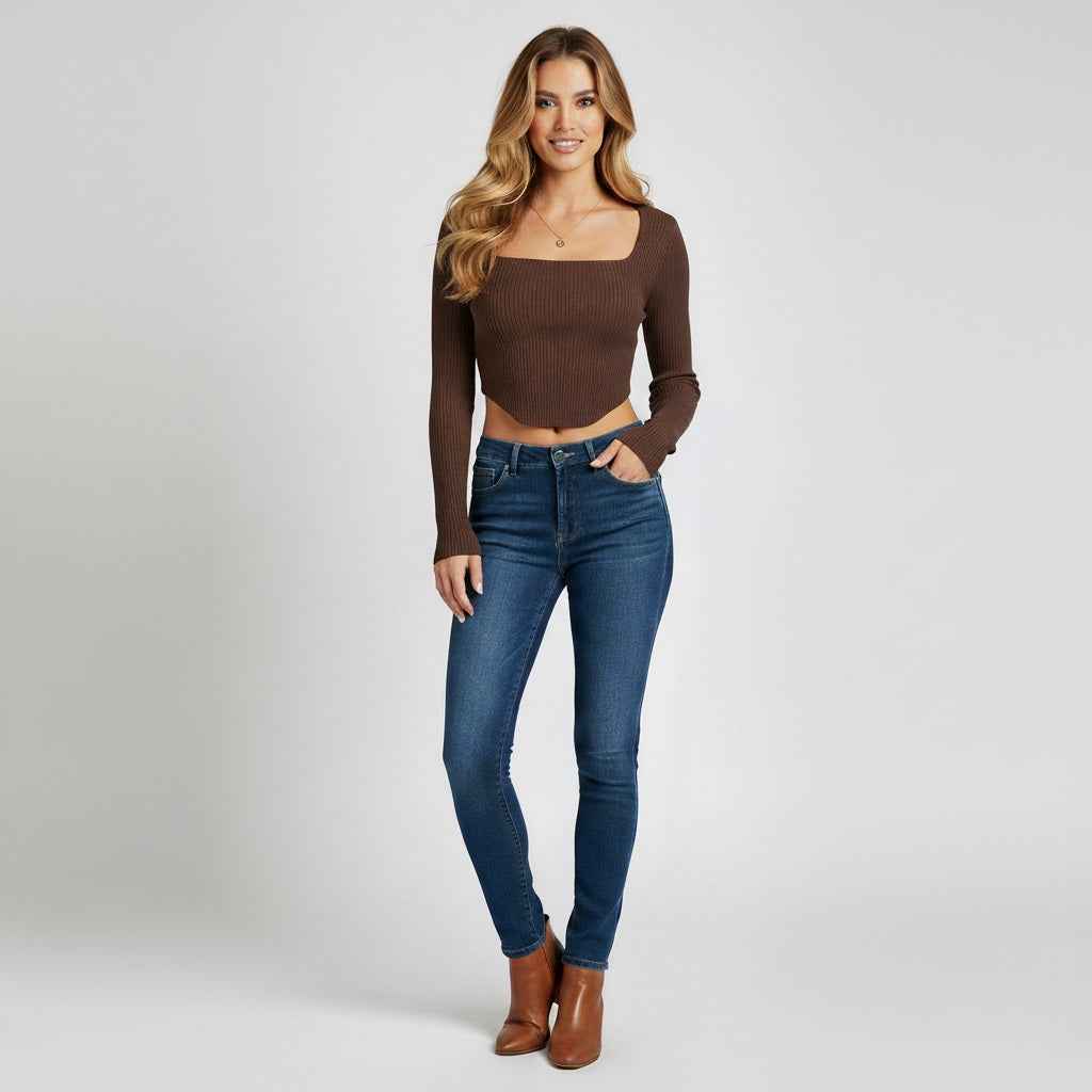 Stylish Ribbed V Neck Crop Top with Comfortable Stretch Fabric - Jamota