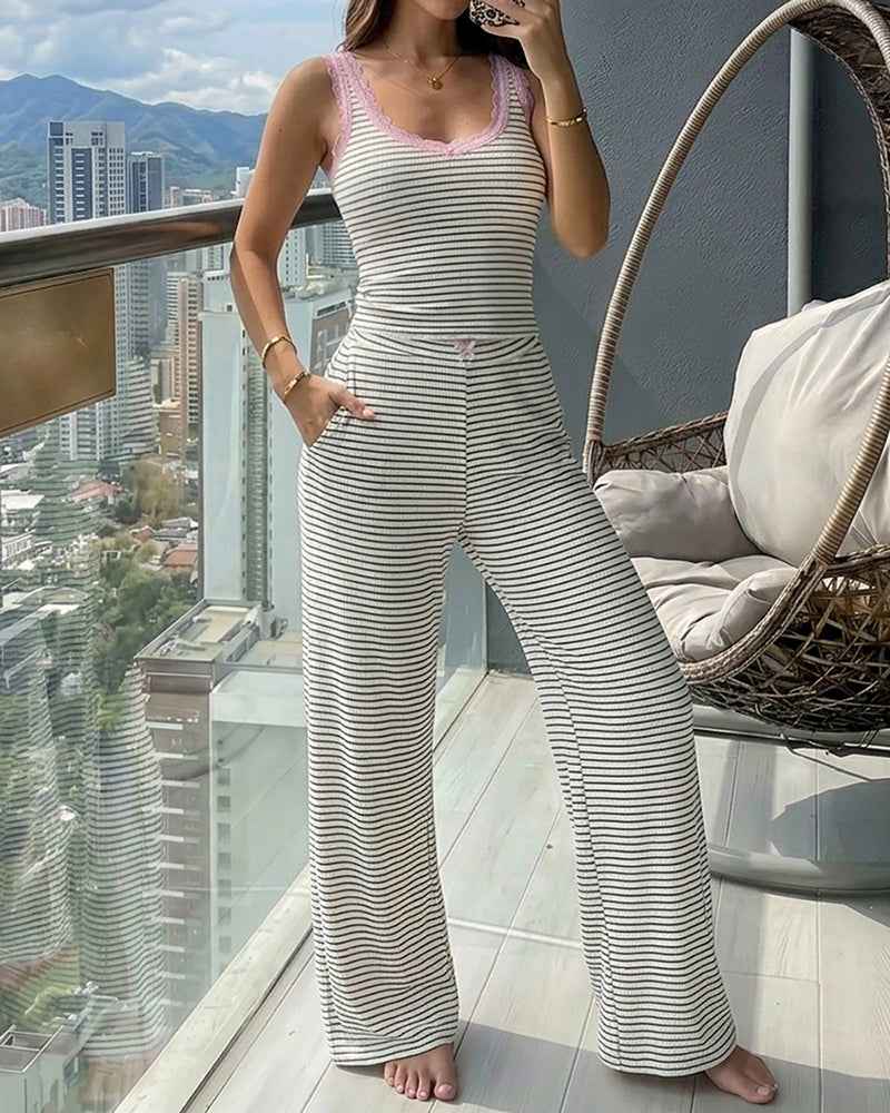 Women's Rib Knit Pajamas with Lace Trim & Pockets for Comfort - Jamota