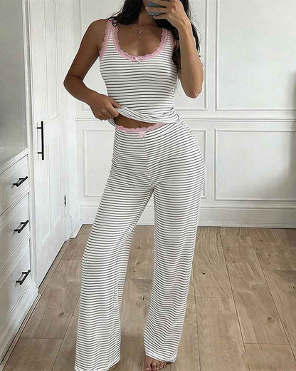Women's Rib Knit Pajamas with Lace Trim & Pockets for Comfort - Jamota