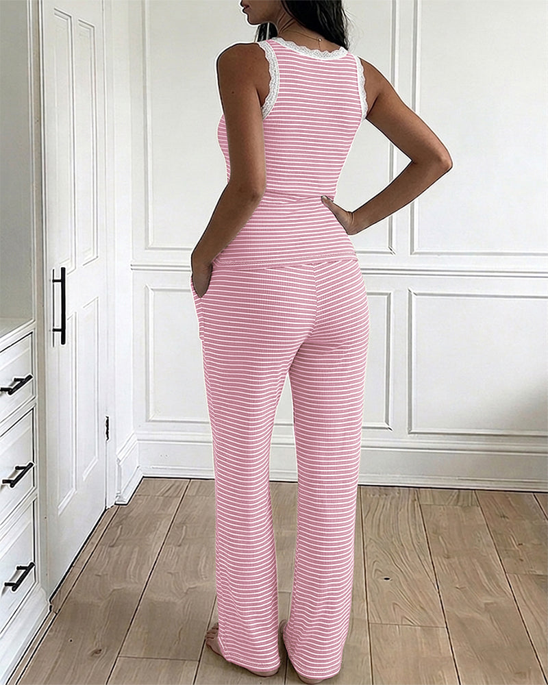 Women's Rib Knit Pajamas with Lace Trim & Pockets for Comfort - Jamota