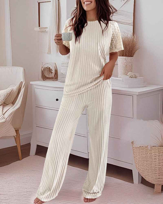 Women's Pajama Set with Soft Stretch Fabric & Chic Lace Design - Jamota