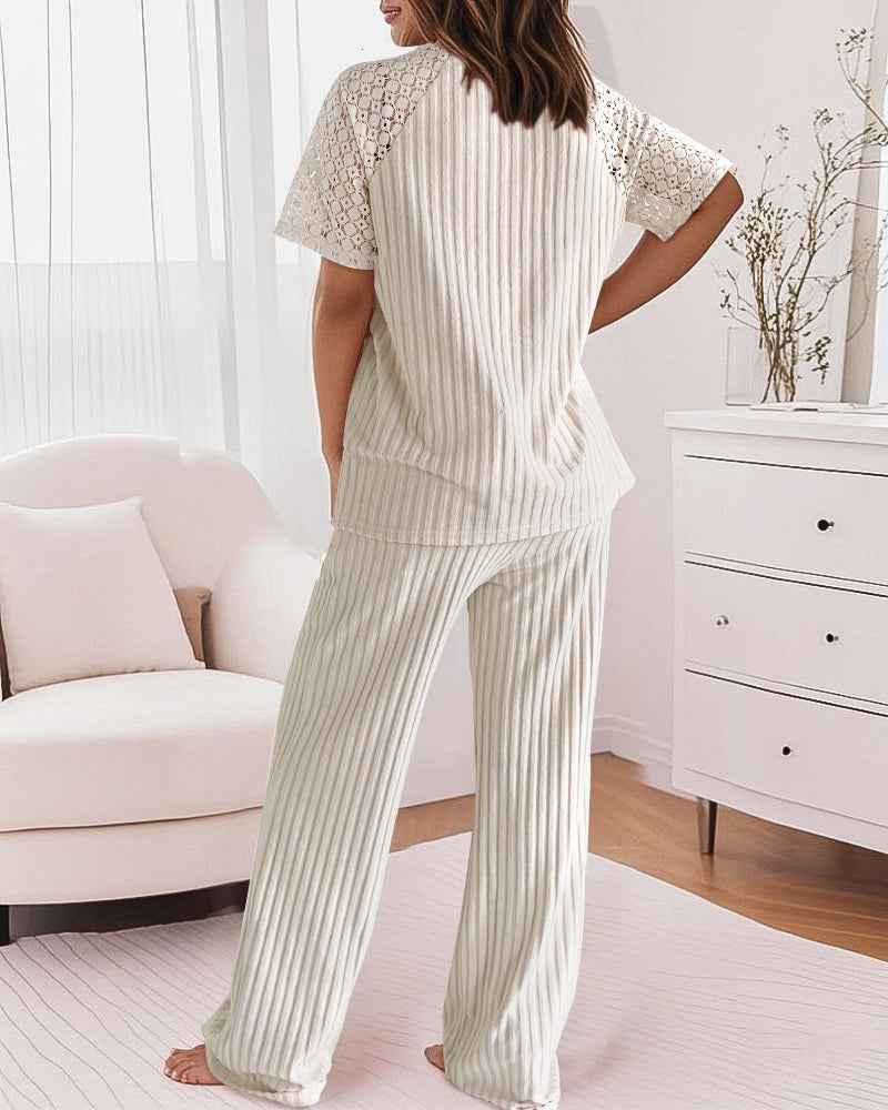 Women's Pajama Set with Soft Stretch Fabric & Chic Lace Design - Jamota