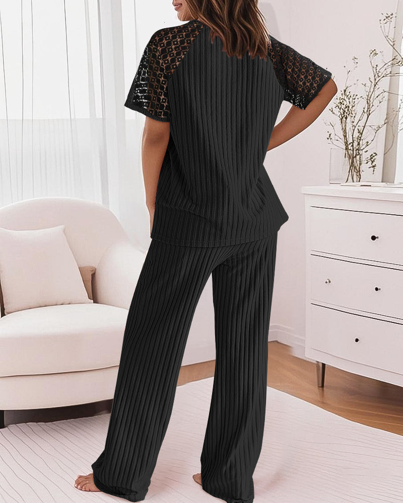 Women's Pajama Set with Soft Stretch Fabric & Chic Lace Design - Jamota